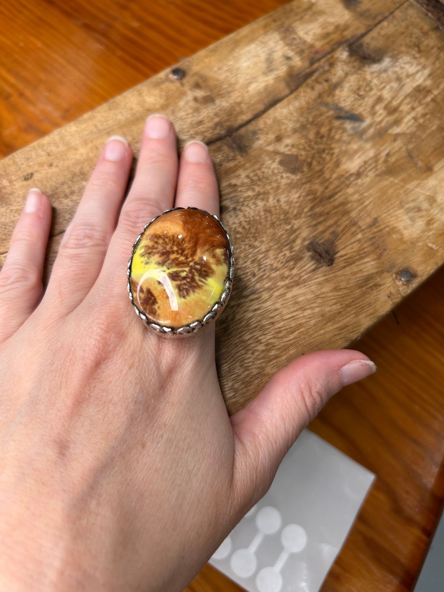 Small German Silver Oval Natural Moss Agate Ring