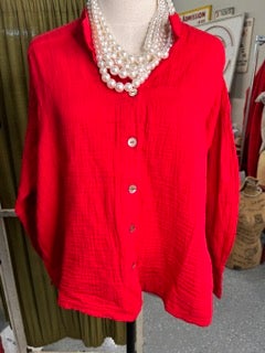 Long Sleeve Button Up Mineral Wash Top (Red)