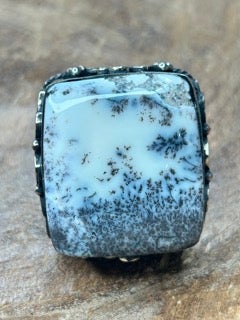 German Silver Square Dendritic Agate Ring