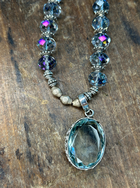 Rare Bird- Oval Blue Quartz, Crystal and Pearl Necklace (BLUE)