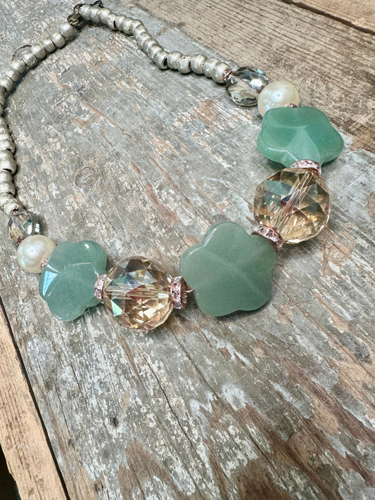 African Bead and Jade Flower Necklace- ERR Original