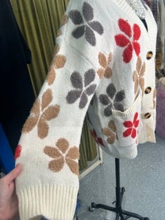 FINAL SALE Cream Sweater Cardigan with Flowers
