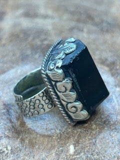 Tibetan Silver and Pyramid Onyx Ring G