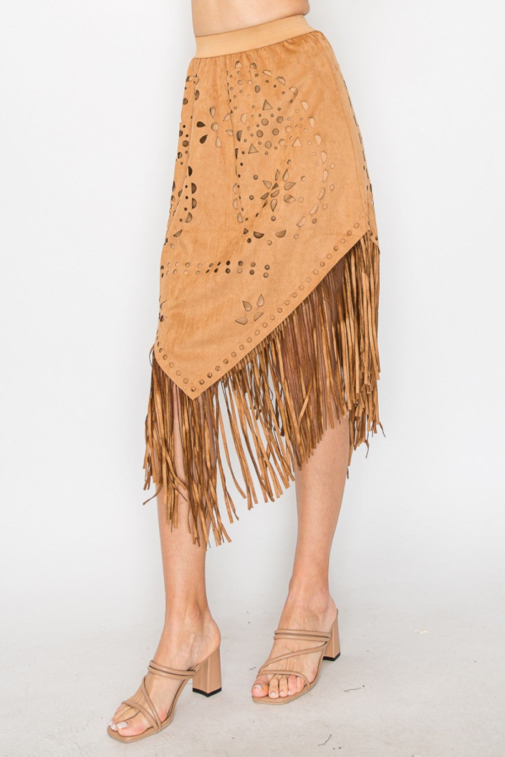 Origami- Faux Suede Fringe Skirt (Camel)