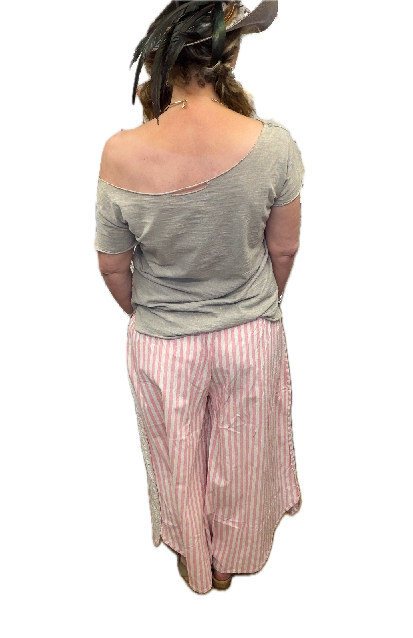 BiBi- Striped Floral Eyelet Pants