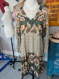 Easel- Floral Print Long Sleeve Dress (Green and Gold)