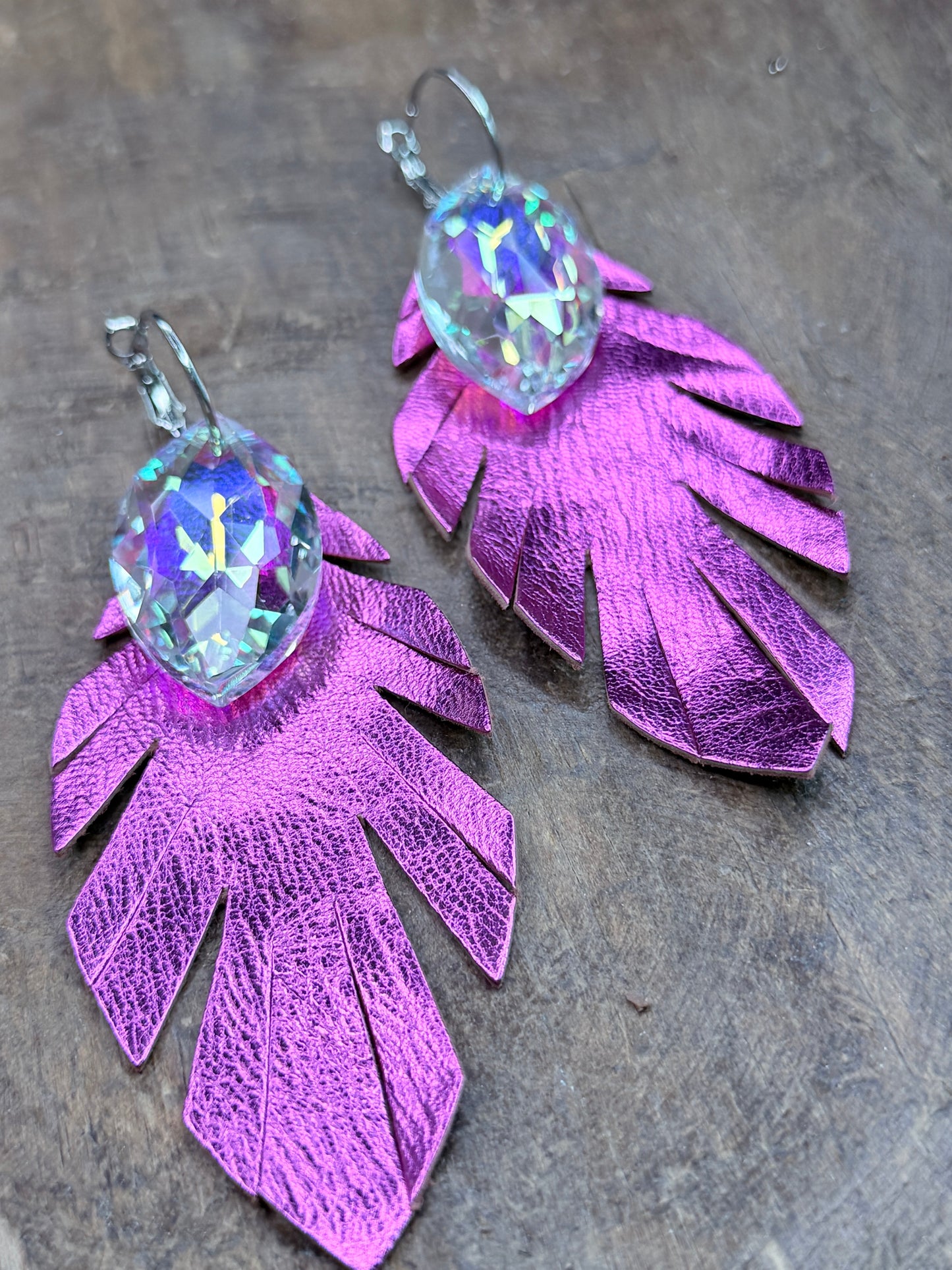 Rhinestone and Leather Feather Earrings (Hot Pink)