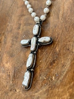 Tibetan Silver Mother of Pearl Long Cross Necklace