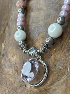 Rare Bird- Circular Pink Quartz and Pearls Necklace