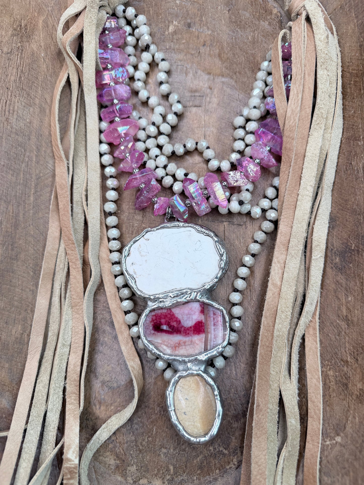 Chunky Soldered Howlite and Pink Agate Fringe Necklace