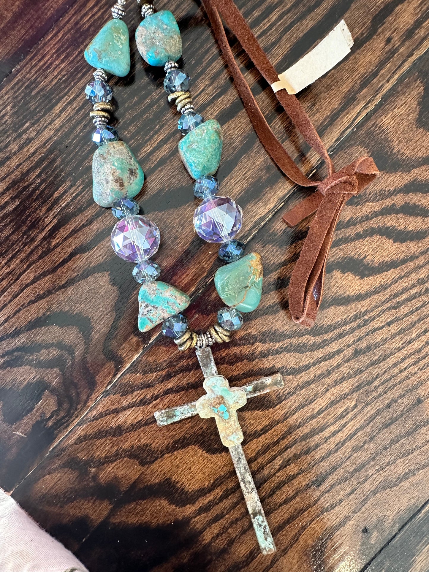 Rare Bird- Metal Cross with Turquoise Beaded Necklace