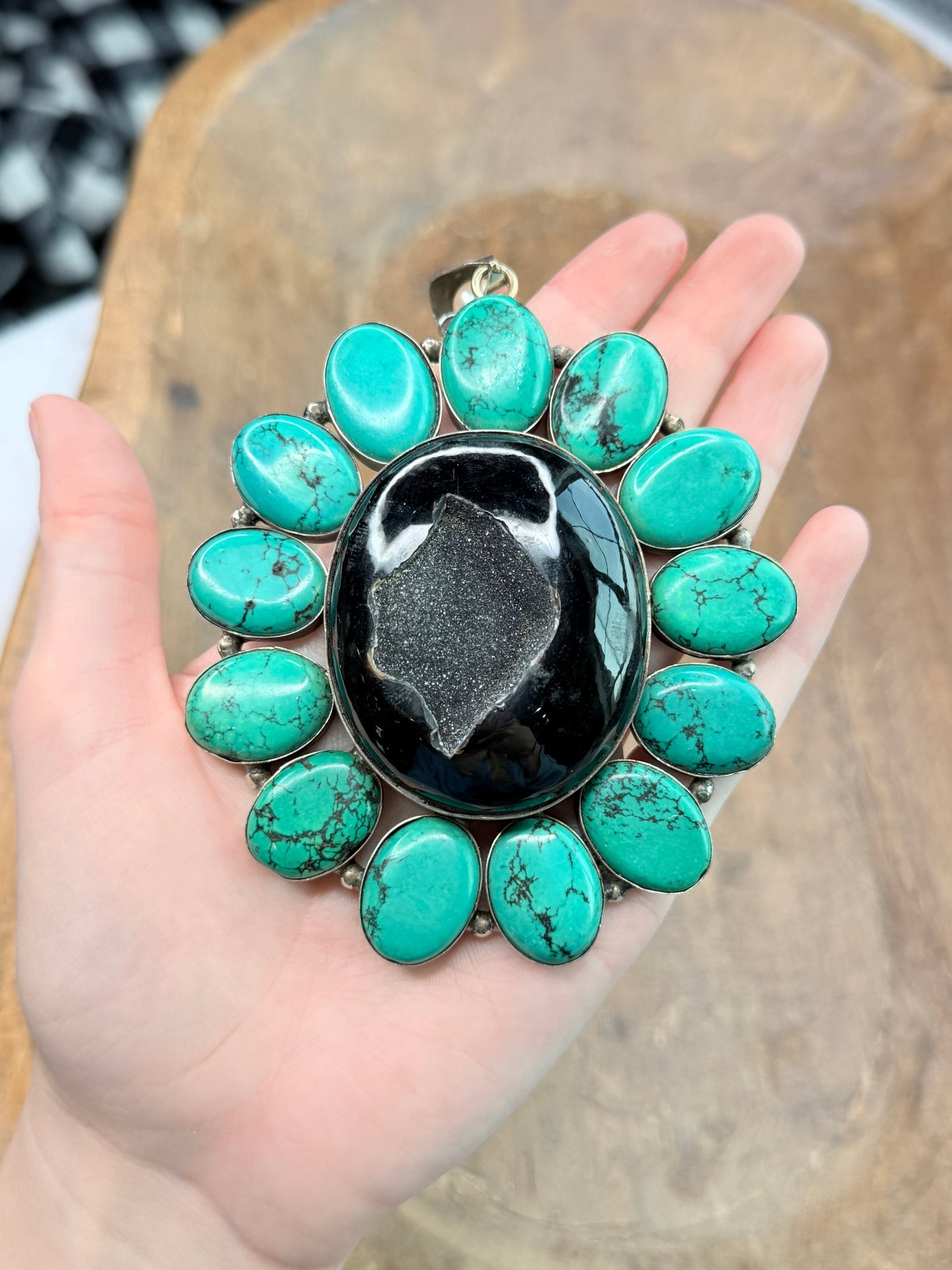 German Silver Turquoise and Druzy Black Agate Necklace