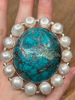 Large German Silver Turquoise and Pearl Ring