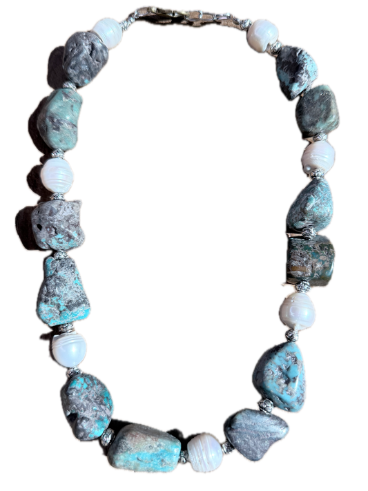 Chunky Turquoise and Baroque Pearl Necklace- ERR Original