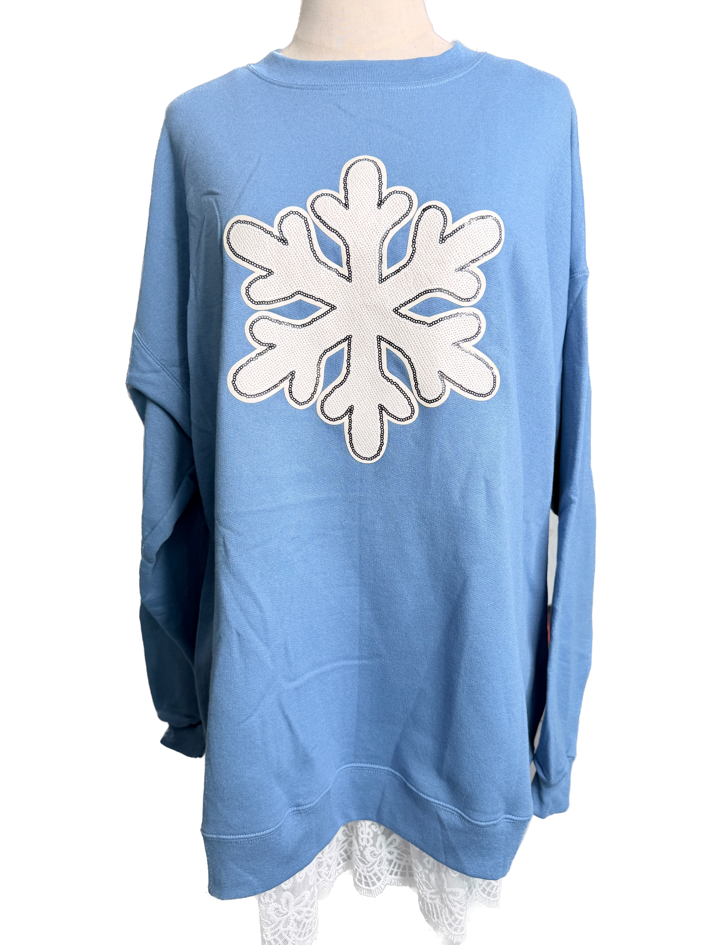 White Sequin Snowflake Blue Sweatshirt *Final Sale*