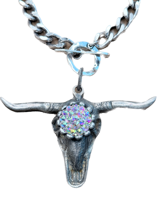 Art by Amy- Soldered AB Rhinestone Steer Head Necklace