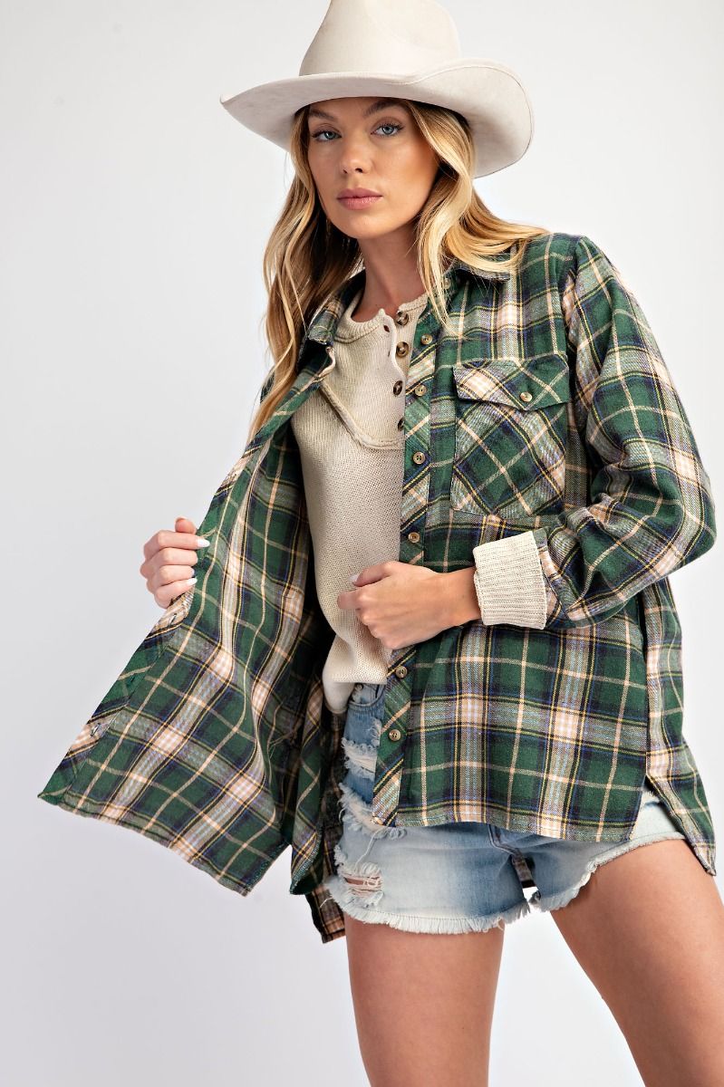 Easel- Acid Wash Button Down Plaid (Pine Green)