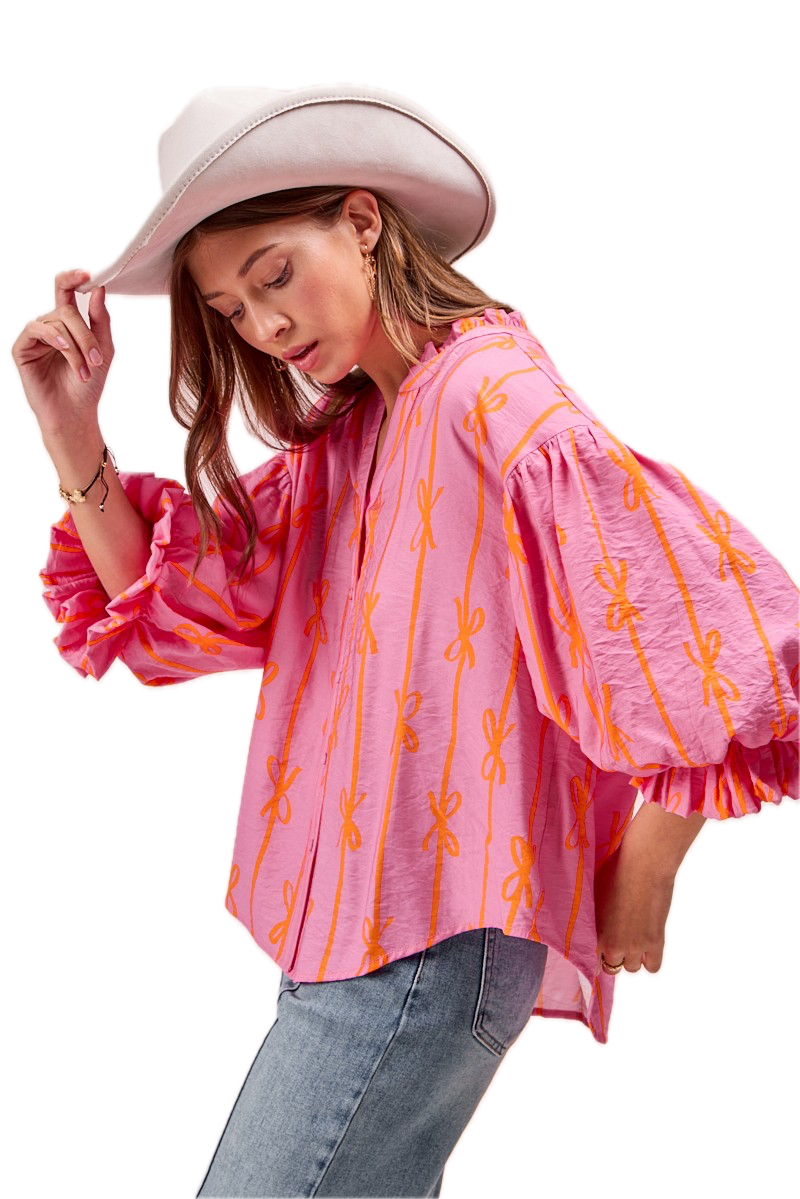 BiBi- Printed Bubble Sleeves Top (Pink Bow)