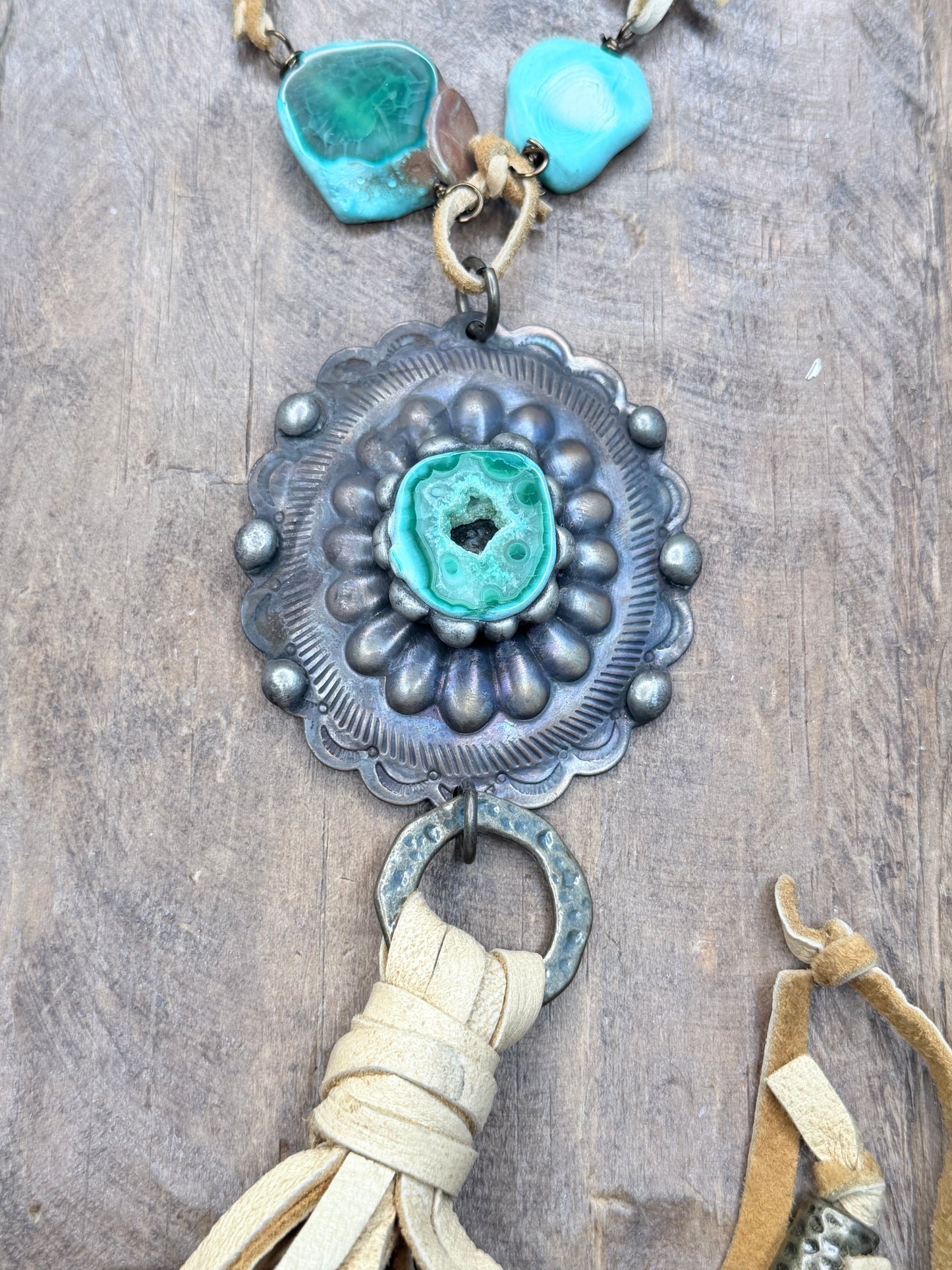 Art by Amy- Malachite Slab and Leather Fringe Necklace