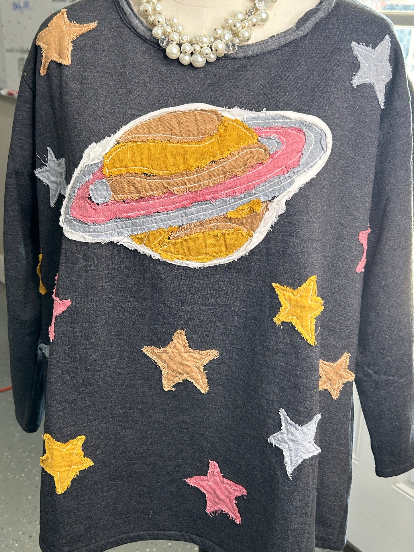 FINAL SALE Paper Lace- Planet and Stars Top (CHARCOAL)