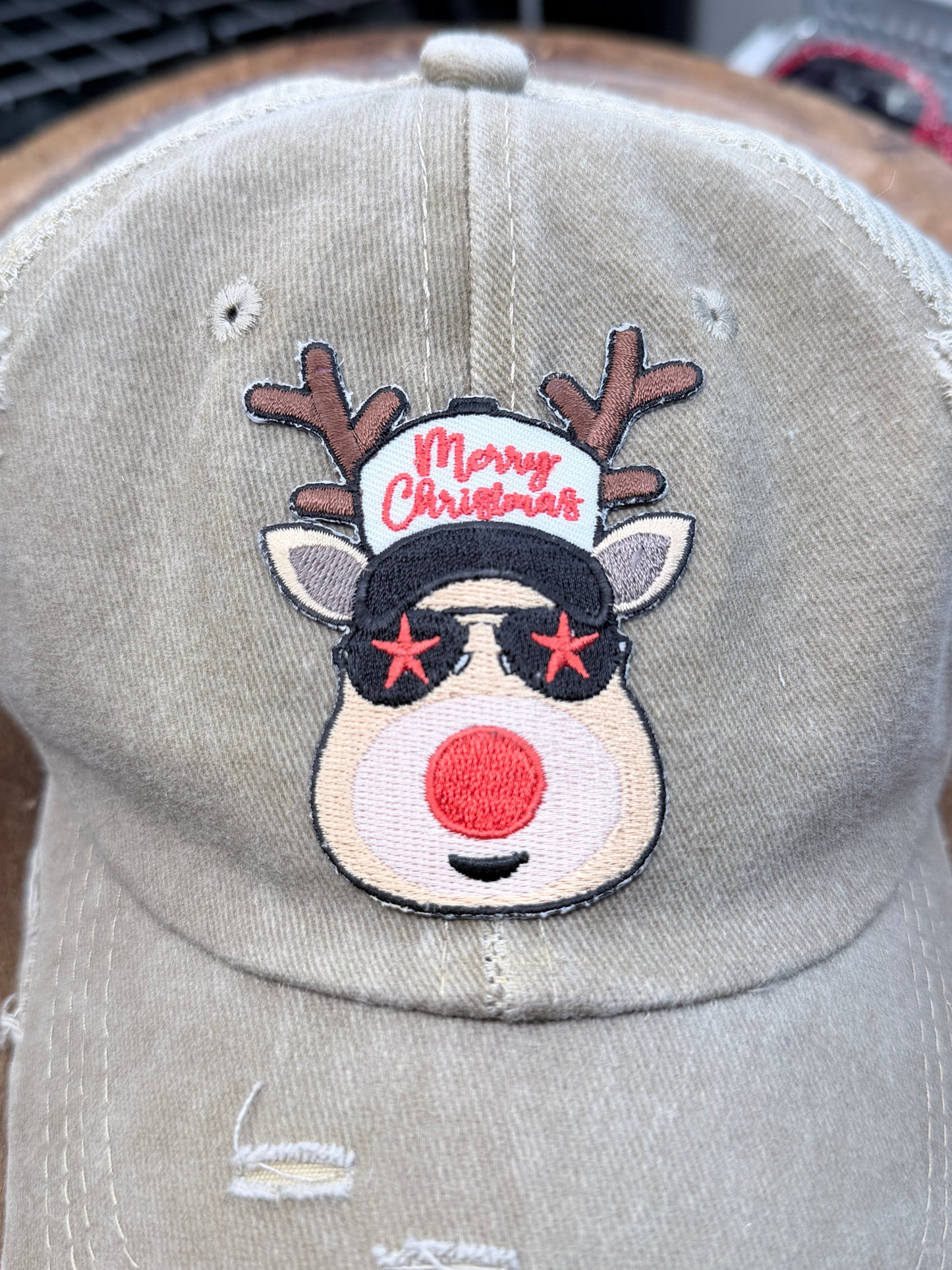 Merry Christmas Reindeer Patch Ball Cap/Hat (Tan) - ERR ORIGINAL