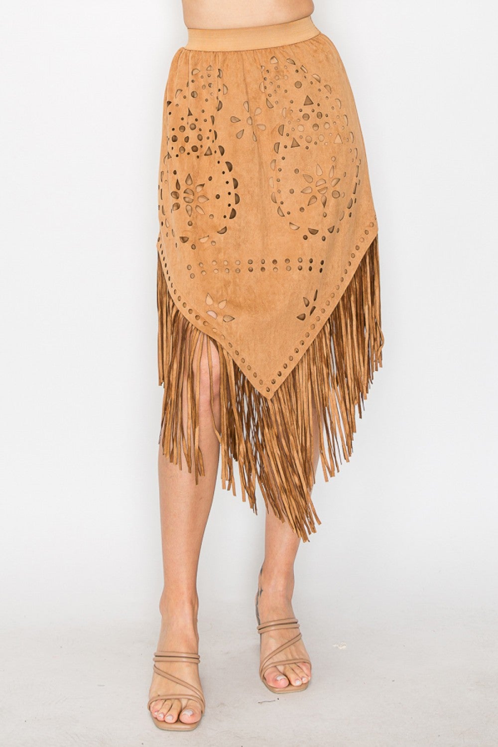 Origami- Faux Suede Fringe Skirt (Camel)