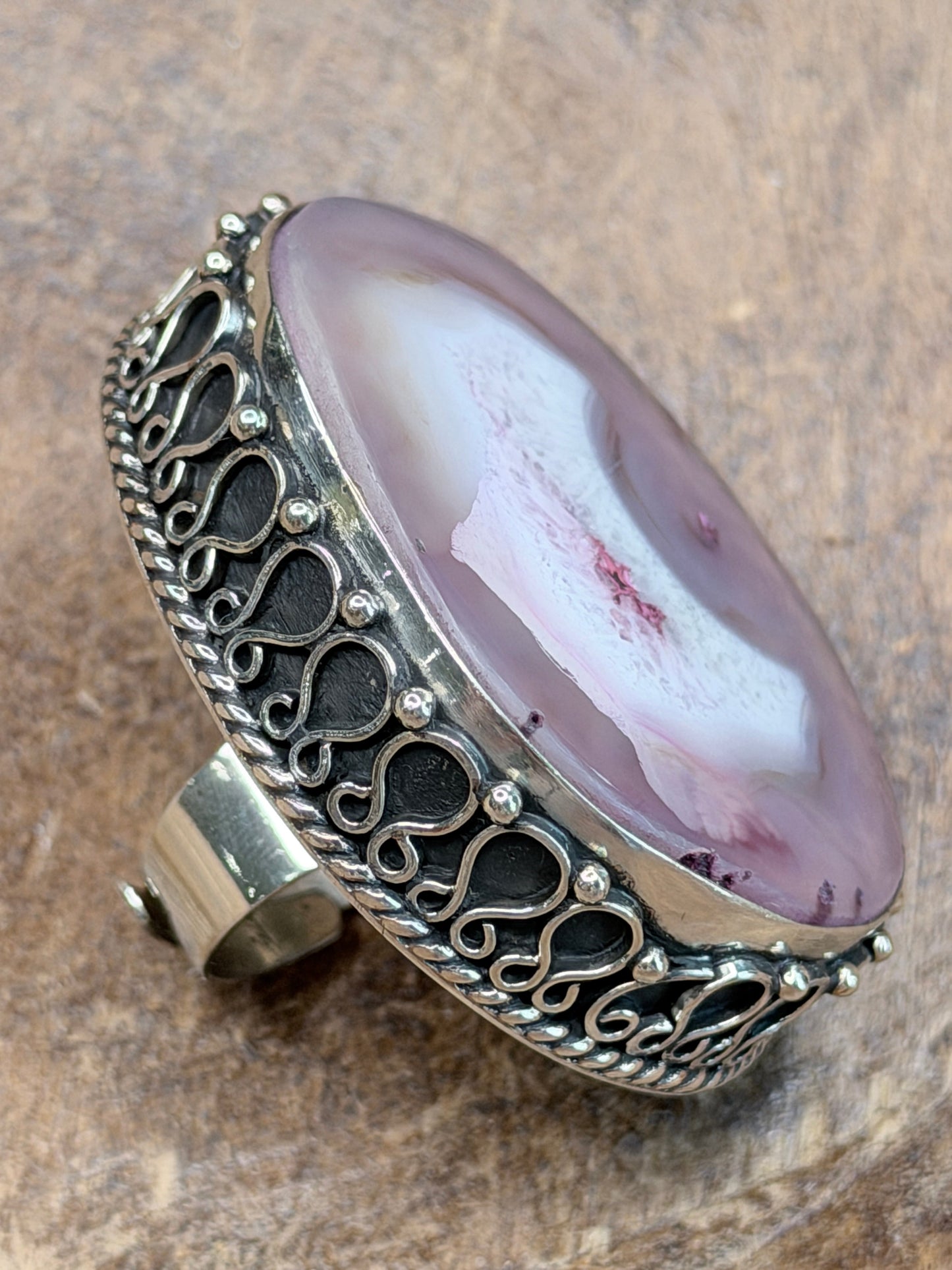 German Silver Pink Banded Agate Circle Ring