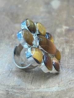 German Silver Small Rectangle Tigers Eye Cluster Ring