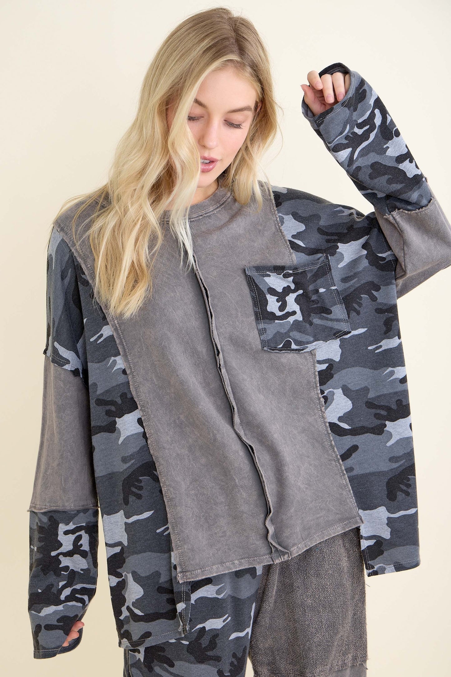 SALE J Her- Camo Patchwork Washed Top (Charcoal) *Final Sale*