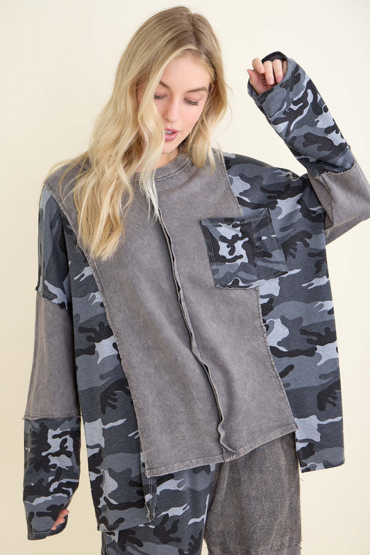 SALE J Her- Camo Patchwork Washed Top (Charcoal) *Final Sale*