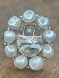 German Silver Clear Quartz and Pearl Ring B