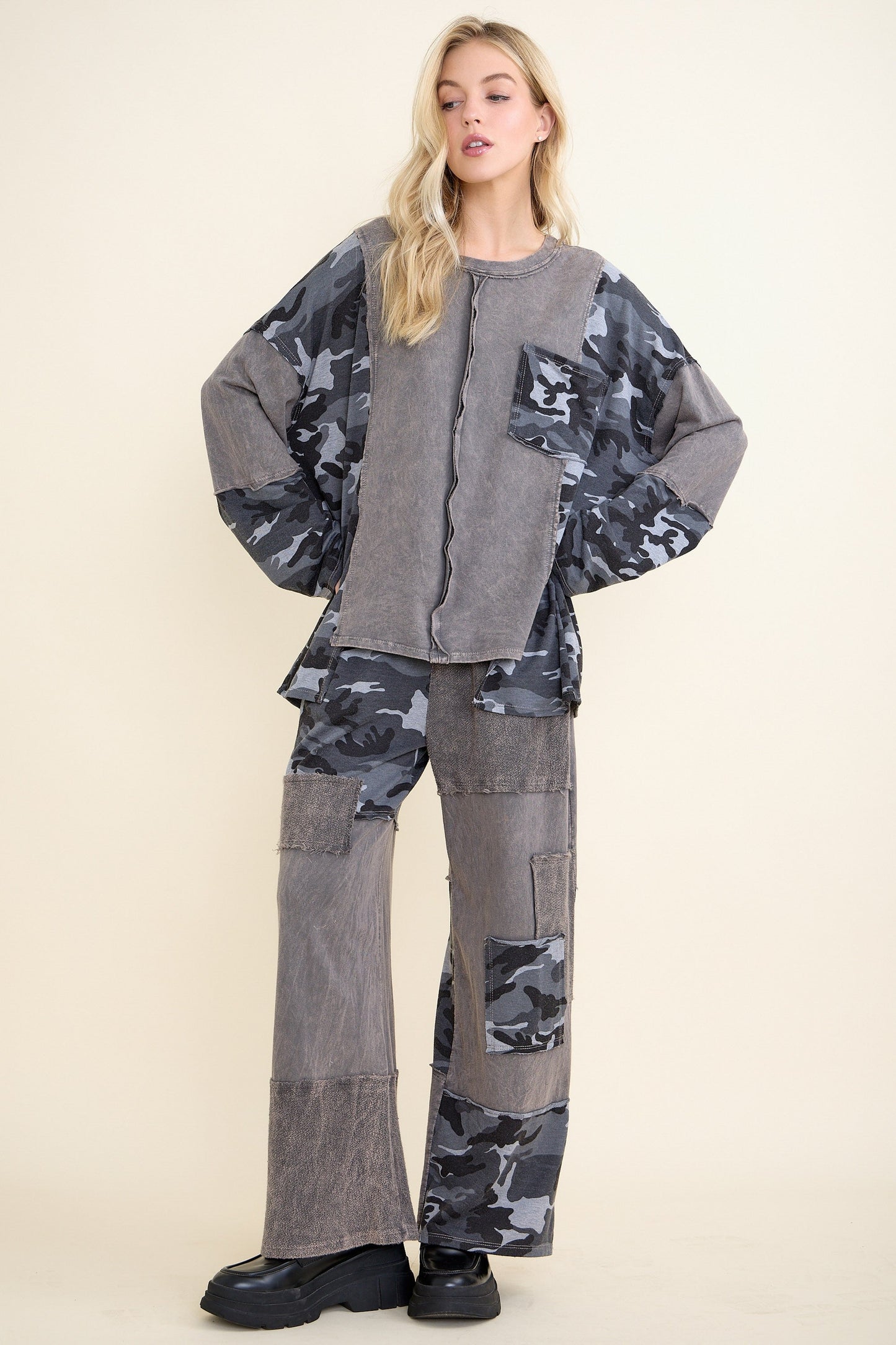 SALE J Her- Camo Patchwork Washed Top (Charcoal) *Final Sale*