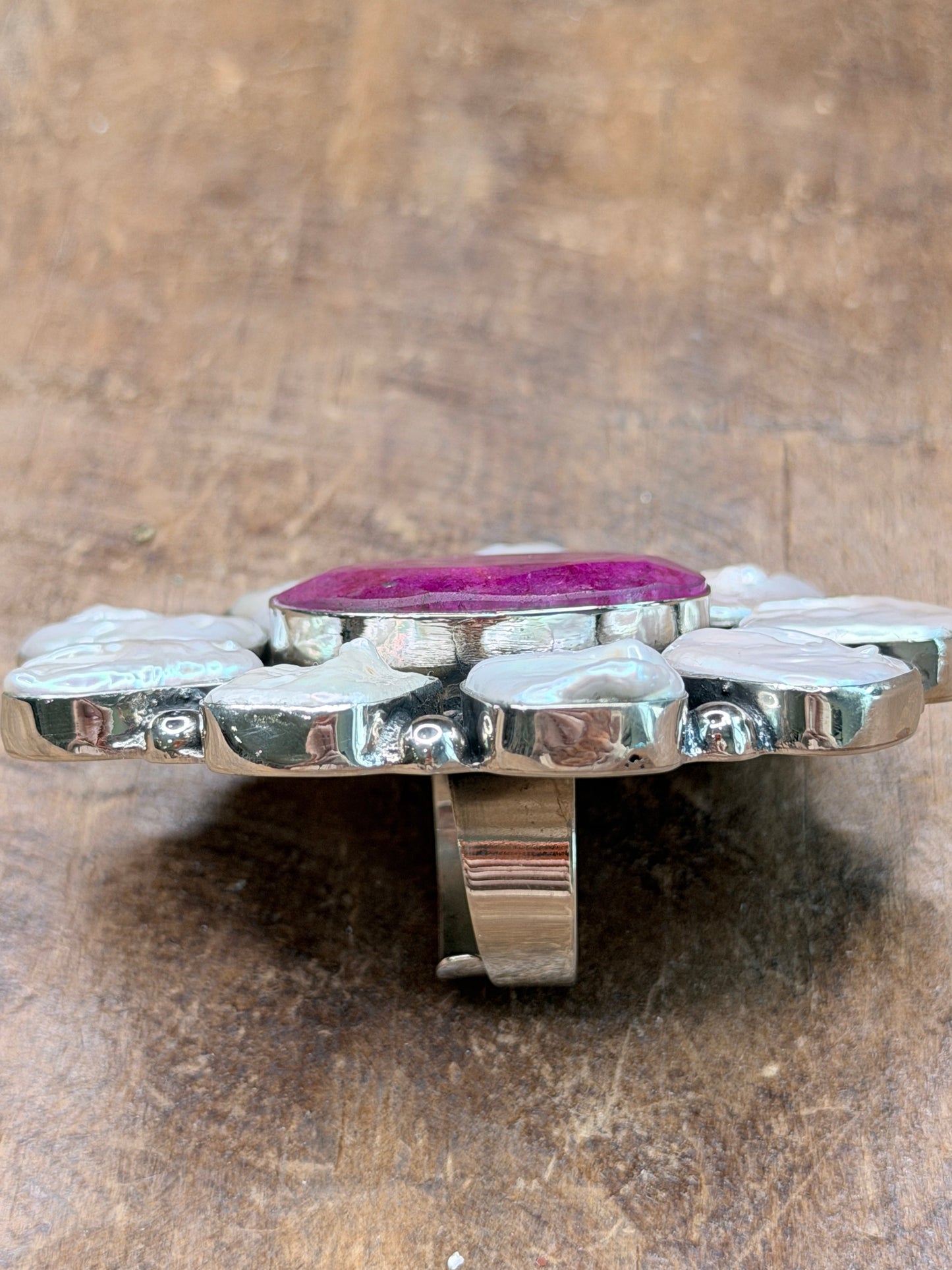 Large German Silver Pearl and Pink Ruby Cluster Ring
