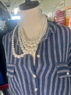 Paper Lace- Striped Button Down Linen Shirt (Blue)