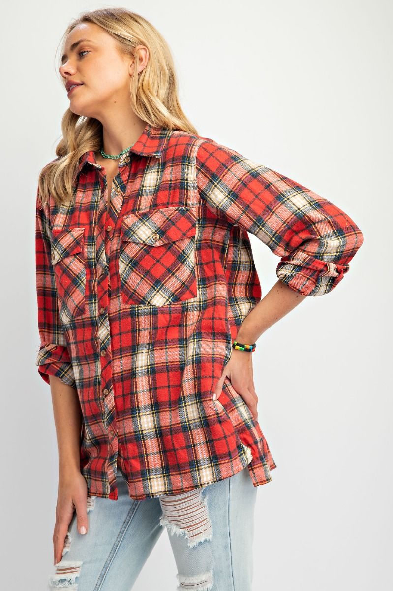 Easel- Acid Wash Button Down Plaid (Red)