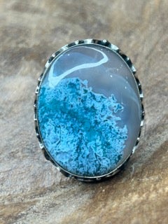 German Silver Blue Moss Agate Ring D