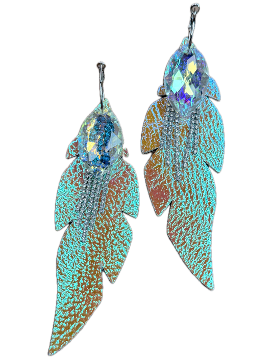 Rhinestone and Leather Feather Earrings (Yellow)