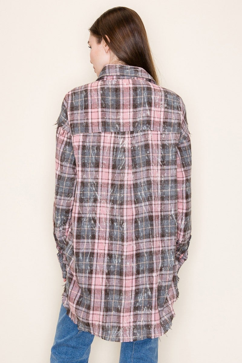 White Birch- Long Sleeve Paid Knit Shacket (Pink) *Final Sale*