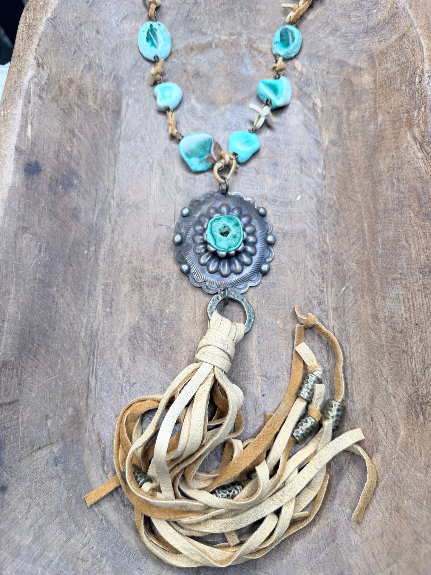 Art by Amy- Malachite Slab and Leather Fringe Necklace