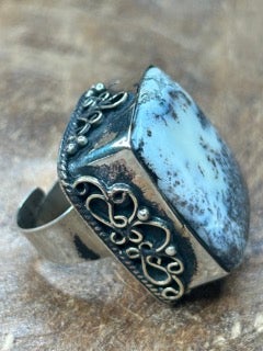German Silver Square Dendritic Agate Ring