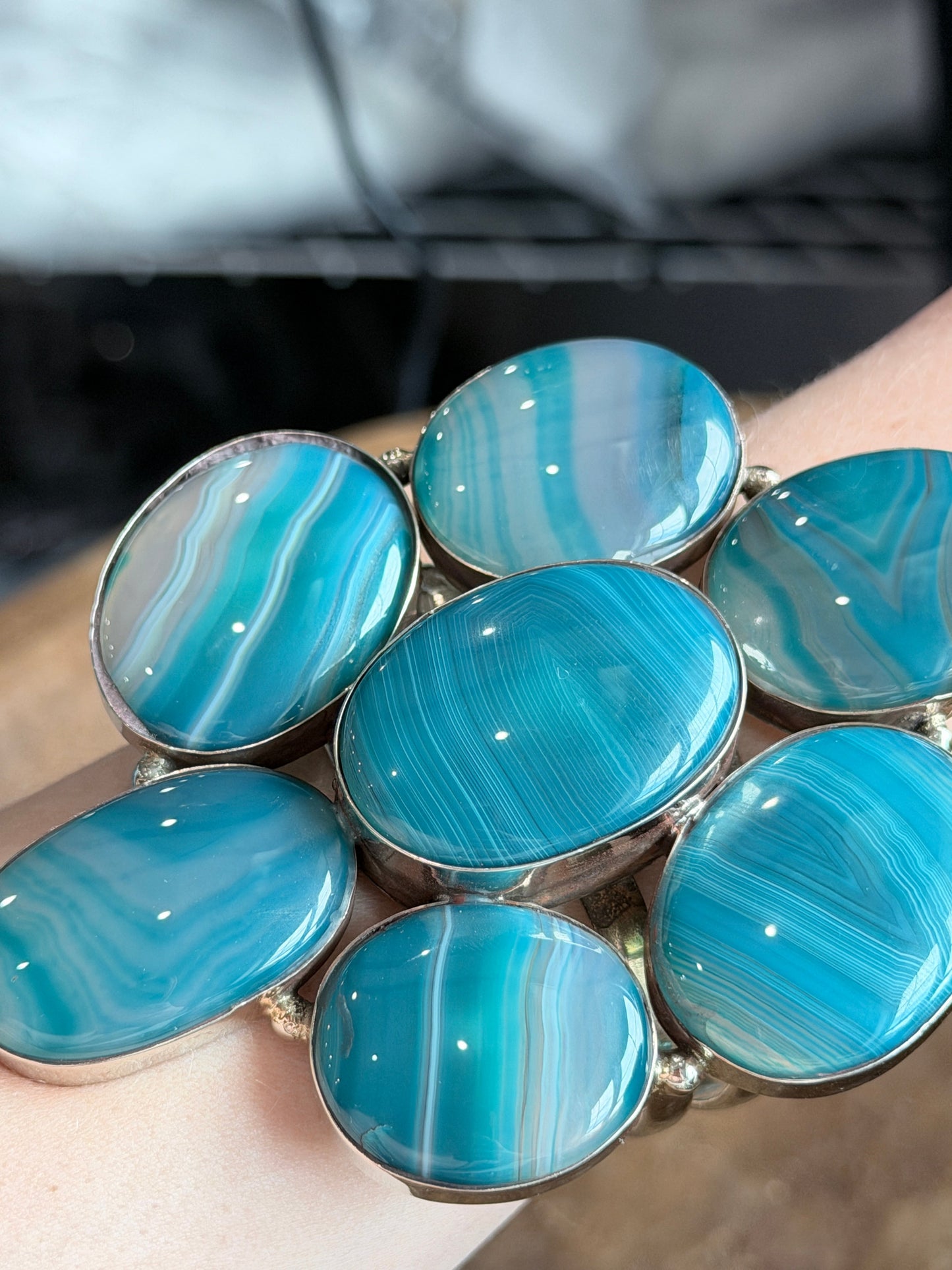 German Silver Blue Banded Agate Cuff