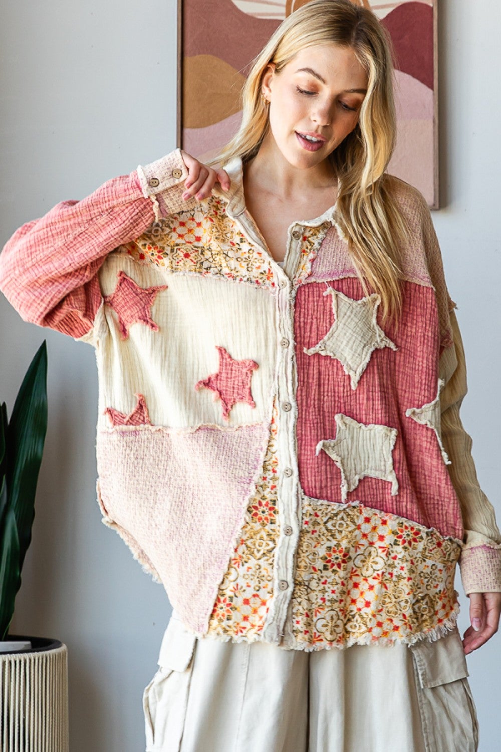Oli & Hali- Washed Star Patch Front Button Shirt (Natural)