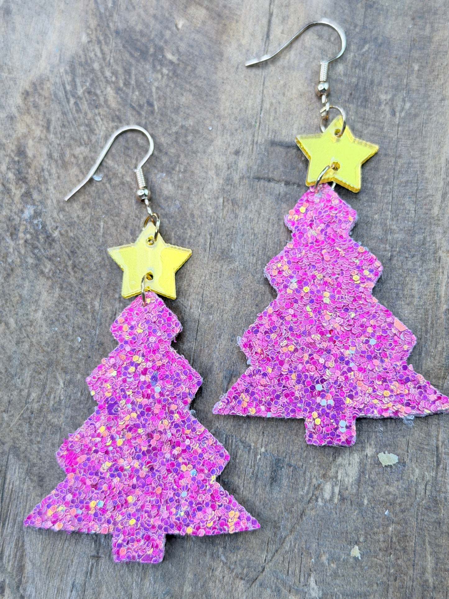 Glitter Christmas Tree Earrings (Pink Rose)