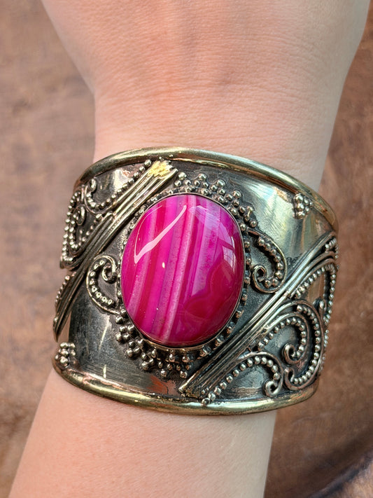 German Silver Pink Banded Agate Cuff
