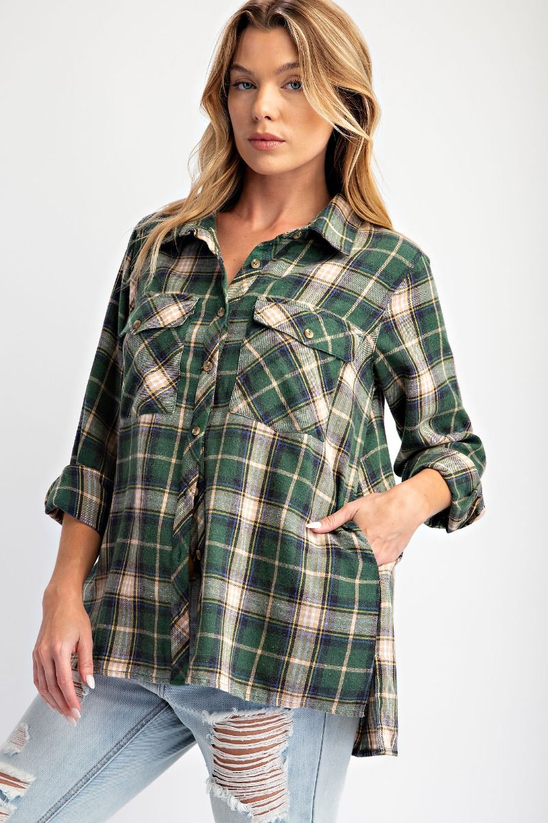 Easel- Acid Wash Button Down Plaid (Pine Green)