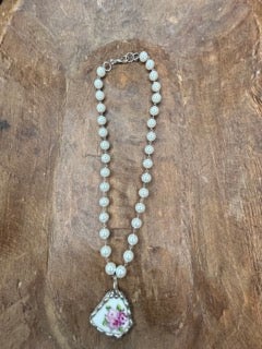 Soldered Porcelain Pendant Necklace (Dainty Roses)