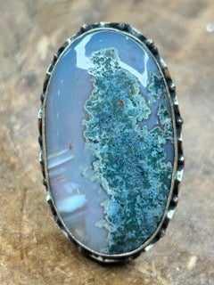 German Silver Blue Moss Agate Ring C
