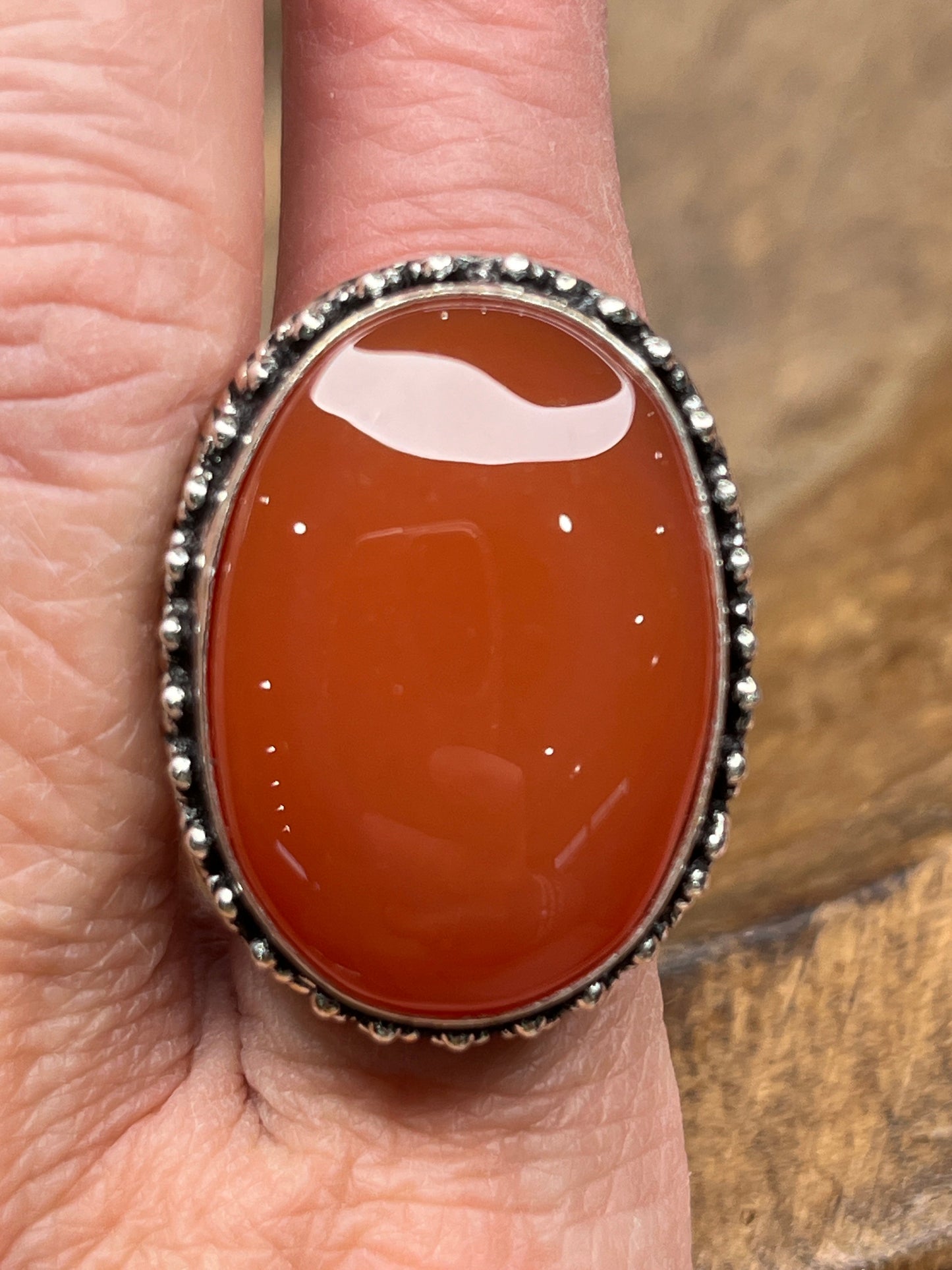 Red Onyx Medium Sized Ring German Silver Beaded Edging