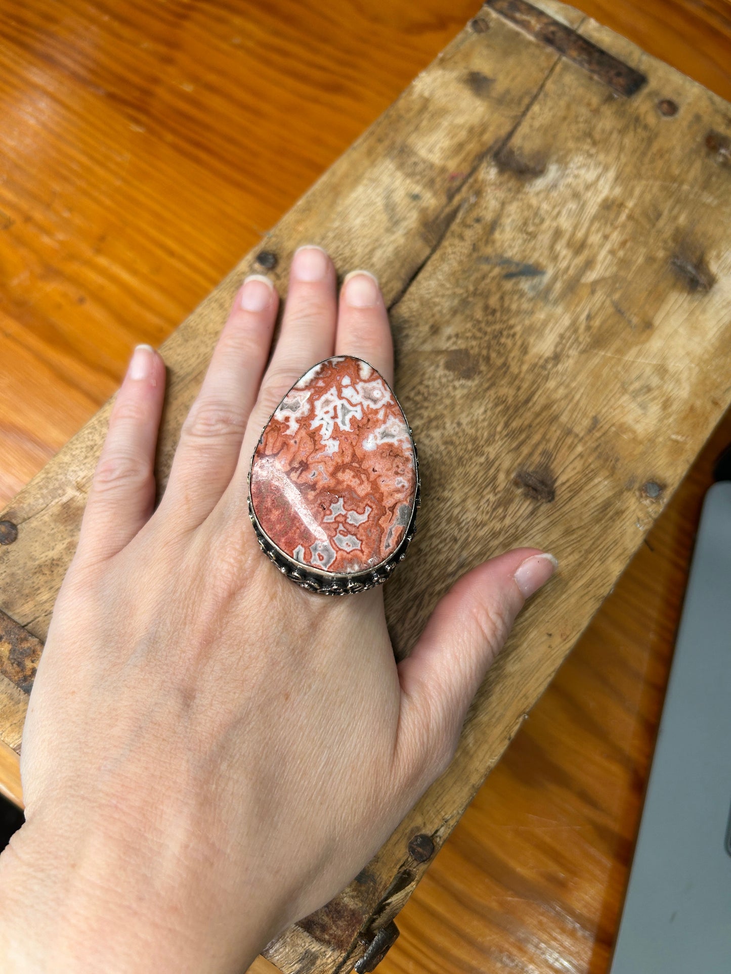 German Silver Coral Lace Agate Ring