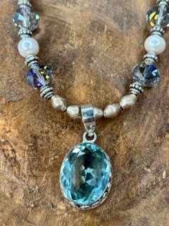 SALE! Rare Bird- Oval Blue Quartz Crystal Bead and Pearl Necklace